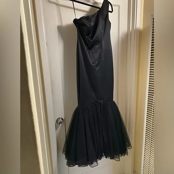 Vintage y2k Black Satin Mermaid Fishtail Evening Gown Prom Dress barbiecore noir - Picture 6 of 17